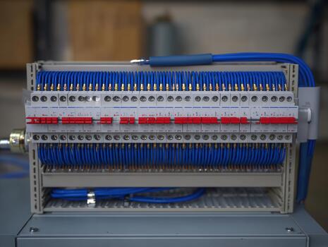 Industrial electrical cabinet featuring rows of organized terminals and neatly routed wires in an engineering facility setup photo