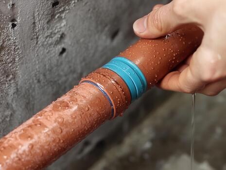 Plumber connects PVC drainage pipes during home maintenance with clear focus on proper assembly technique and ensuring a secure fit photo