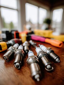 Close-up view of spark plugs and wrenches on a wooden table in a workshop setting during daylight hours photo