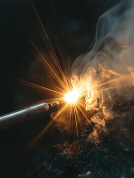 Bright welding arc creating radical sparks and illuminating hazy surroundings during a metalworking session in an industrial setting photo