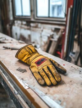Close-up of greasy mechanics gloves resting on a workbench in a busy garage environment reflecting the hard work done by skilled hands photo