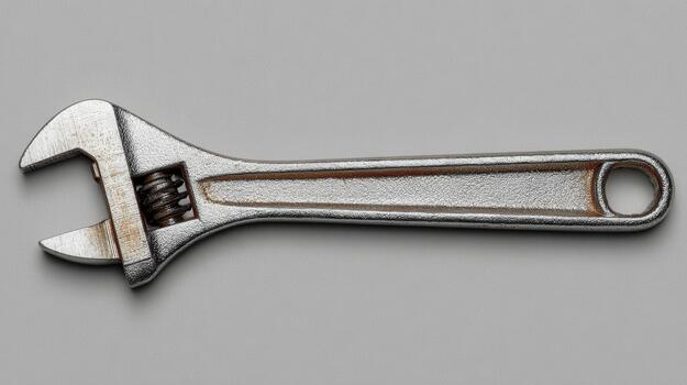 Adjustable wrench resting on a gray surface showcasing its metallic design and functional features for various repair tasks and mechanical applications photo