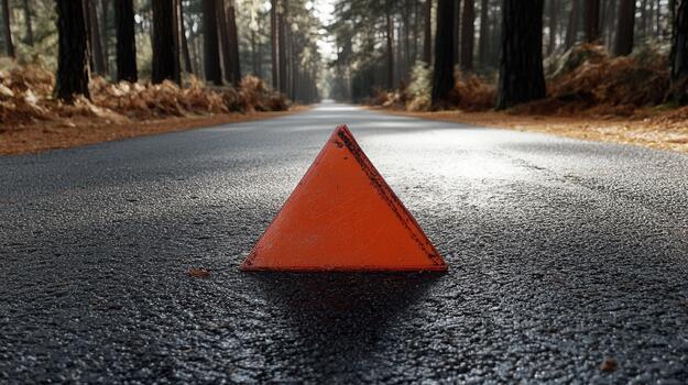 Reflective warning triangle positioned on a quiet road surrounded by tall trees in a forest during daylight hours photo
