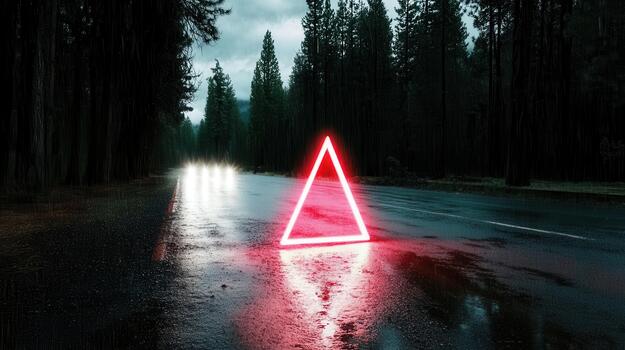 Reflective warning triangle glows brightly on a rainy roadside among tall trees during twilight hours photo