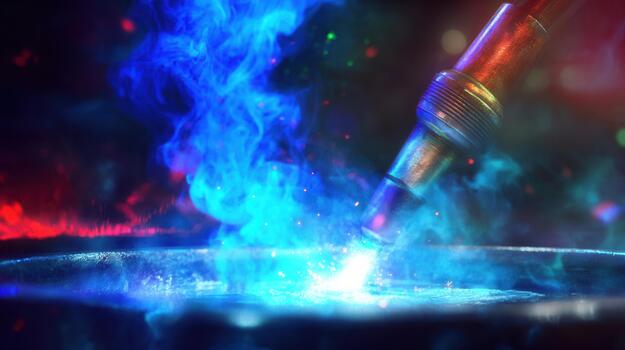 Close-up of welding torch melting metal in a workshop showcasing bright sparks and colorful smoke during evening hours photo