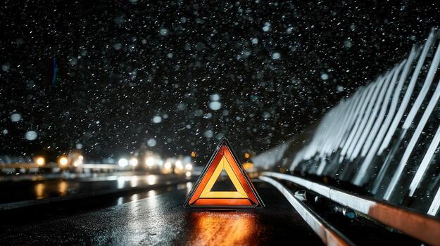 Frozen road at night with reflective markings and caution signal amid falling snow in a deserted area photo