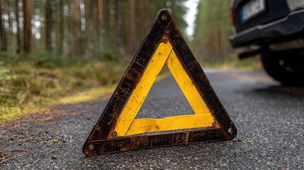 Reflective warning triangle placed on a roadside in a forested area to signal a vehicle breakdown during daytime photo