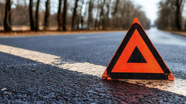Reflective warning triangle on roadside indicating potential hazard ahead during a rainy day photo