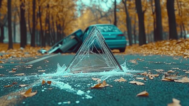 Warning triangle in focus while an abandoned car sits partially on the road surrounded by autumn leaves in a quiet forest setting photo