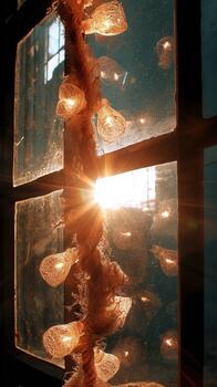 Garlands of light shine through a frozen window creating a warm glow on a cold winter day in the heart of the city photo