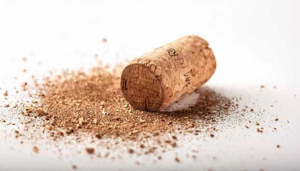Firefly wine cork turning into sand as it crumbles apart over time against a white background photo