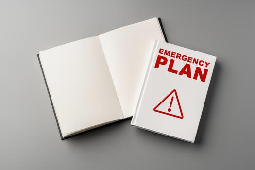 emergencia plan libro abierto siguiente a un blanco cuaderno en un gris superficie en un tranquilo ajuste foto