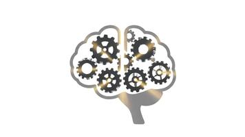 kugghjul inuti en stiliserade hjärna, representerar intelligens, innovation, och mekanisk tänkande video