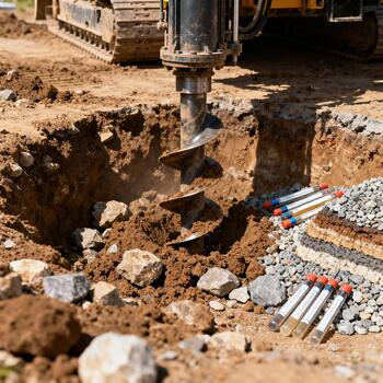 Drilling machine with large auger bit excavating dirt and rocks from ground. Extraction of underground material for geotechnical analysis and foundation assessment, Soil sampling during pile drilling photo