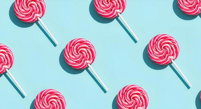 Seamless pattern with lollipops on pastel blue background, viewed from a 45-degree angle photo