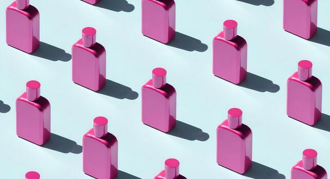 A pink perfume bottle pattern on a light blue background with shadow and beautiful reflection of light photo
