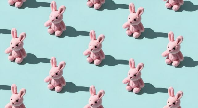 Realistic pattern featuring identical pink plush bunny toys, arranged evenly on a light blue background, the scene is captured from a 45-degree angle with soft natural lighting and shadows photo