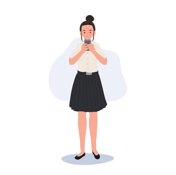 a Thai university Student in uniform is Messaging on Smartphone, Texting on Phone. . vector