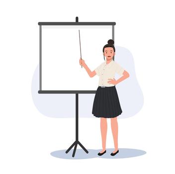 tailandés Universidad estudiante en uniforme dando presentación con puntero y pizarron. vector