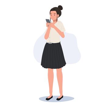 Thai university Student in uniform is Messaging on Smartphone, Texting on Phone. . vector