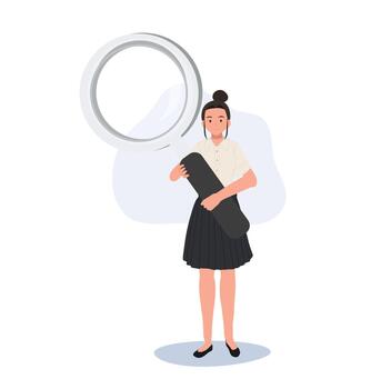 Exploring Knowledge concept. Thai University Student in Uniform with big Magnifying. . vector
