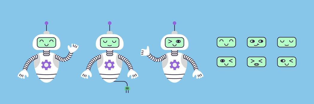 Set of artificial intelligence illustrations. Cute robot assistant character with different faces and poses. Hand drawn illustration on blue background. vector