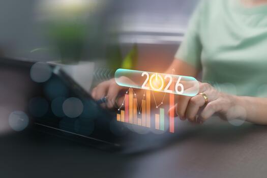 el comienzo año 2026 botón en el control deslizante y cuadro. interruptores en y apagado a activar el función. un negocio crecimiento análisis concepto. un mujer de negocios puntos a toque el virtual comienzo icono botón. foto