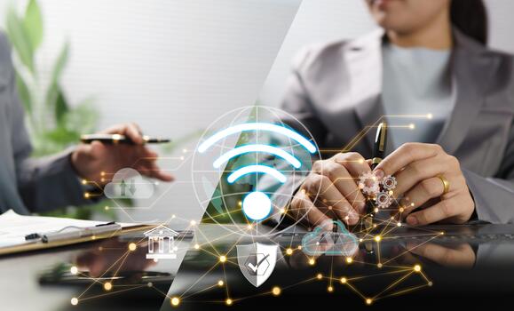 A world of borderless connectivity, leading-edge digital wireless networks, highly secure business and financial data transfer, and conferencing via interfaces of future technologies. photo