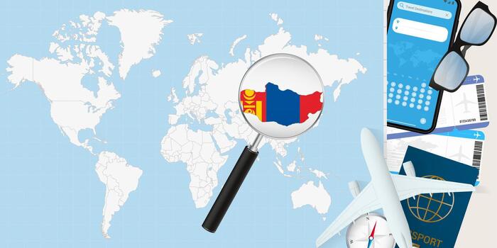 Mongolia on the world map with travel items vector