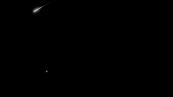 Small glowing light point moving through deep black empty space with faint atmospheric trail. Abstract concept video