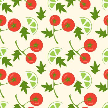 vegetariano modelo con rojo Tomates en rama y Lima rebanadas en suave beige antecedentes. vector