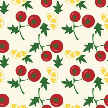 vegetariano modelo con rojo Tomates en rama y limón rebanadas en beige antecedentes. vector