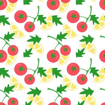 vegetariano modelo con rojo Tomates en rama y limón rebanadas en blanco antecedentes. vector