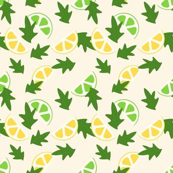 Lima y limón. Rúcula hojas y limón y Lima rebanadas en beige fondo, sano vegetariano modelo. vector