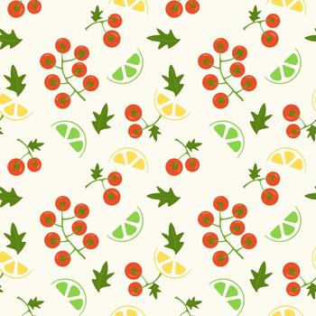 antecedentes con Cereza Tomates, Lima y limón rebanadas el modelo es en beige y crema antecedentes. vector