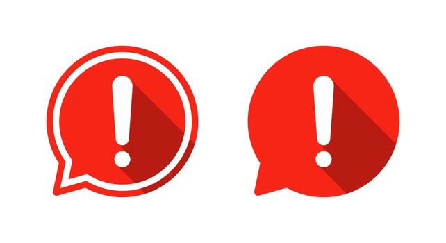 Warning alert bubble icon set with long shadow. Caution, notice, and important message symbol vector