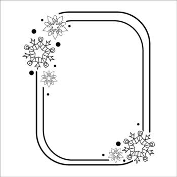 Vertical rounded rectangular double-line frame with decorative snowflakes and dots on the side and bottom. Winter, Christmas template for text, greeting cards, labels and worksheets. vector