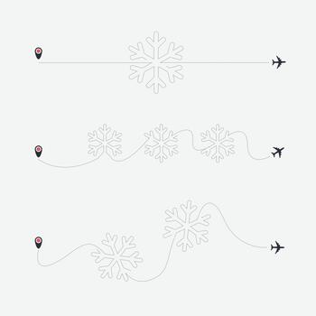 Set of Snowflake airplane. Plane with dashed line in heart shape, travel christmas day romantic concept. Aircraft trip Different flight route with curves vector