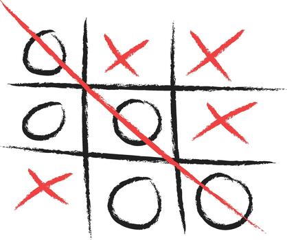 Hand drawn tic tac toe game board showing a diagonal win for the x player marked by a line vector