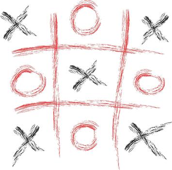 Hand drawn tic tac toe game board with messy x and o marks sketched on white background vector