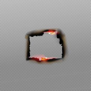 Realistic square hole burned through paper texture with glowing embers and dark charred edges vector
