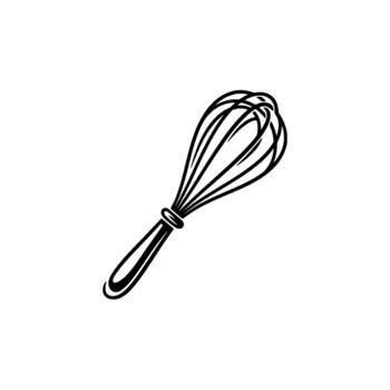 Detailed whisk illustration showcasing a looped handle and wire loops presented in a minimalist line art style for culinary concepts vector