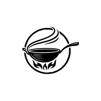 Culinary saucepan emblem showcasing simmering liquid and a stirring utensil within a circular stylized representing gastronomic innovation and food preparation concepts vector