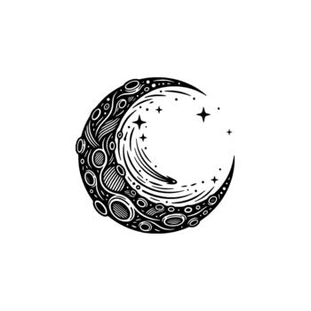 estilizado creciente Luna emblema incorporando celestial cuerpos y arremolinándose patrones representando cósmico exploración y astronómico principios vector