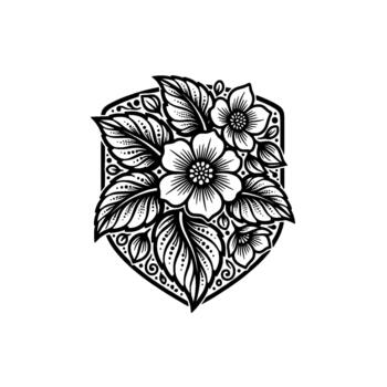 Intricate floral shield emblem showcasing layered blossoms and detailed leaf patterns within a hexagonal border representing botanical artistry and decorative vector