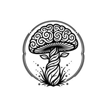 Stylized mushroom tree emblem showcasing intricate swirling patterns and a detailed root system within a circular frame representing natures growth and botanical vector