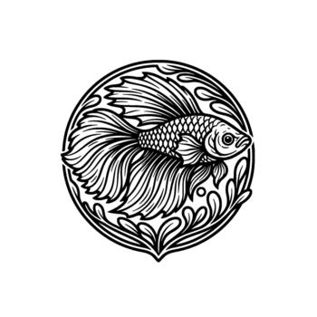 intrincado Betta pescado ilustración dentro un decorativo circular marco exhibiendo ornamental botánico elementos y representando acuático elegancia conceptos vector