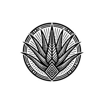 Stylized agave plant emblem showcasing intricate geometric patterns and sharp lines within a circular frame representing sustainable and botanical illustration concepts vector