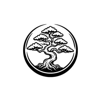 Bonsai tree emblem showcasing intricate branch structure within a circular stylized frame for nature and growth illustration concepts vector