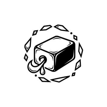 estilizado cubo emblema exhibiendo intrincado geométrico detallado y fluido zarcillos dentro un circular ornamental marco para innovador conceptos vector